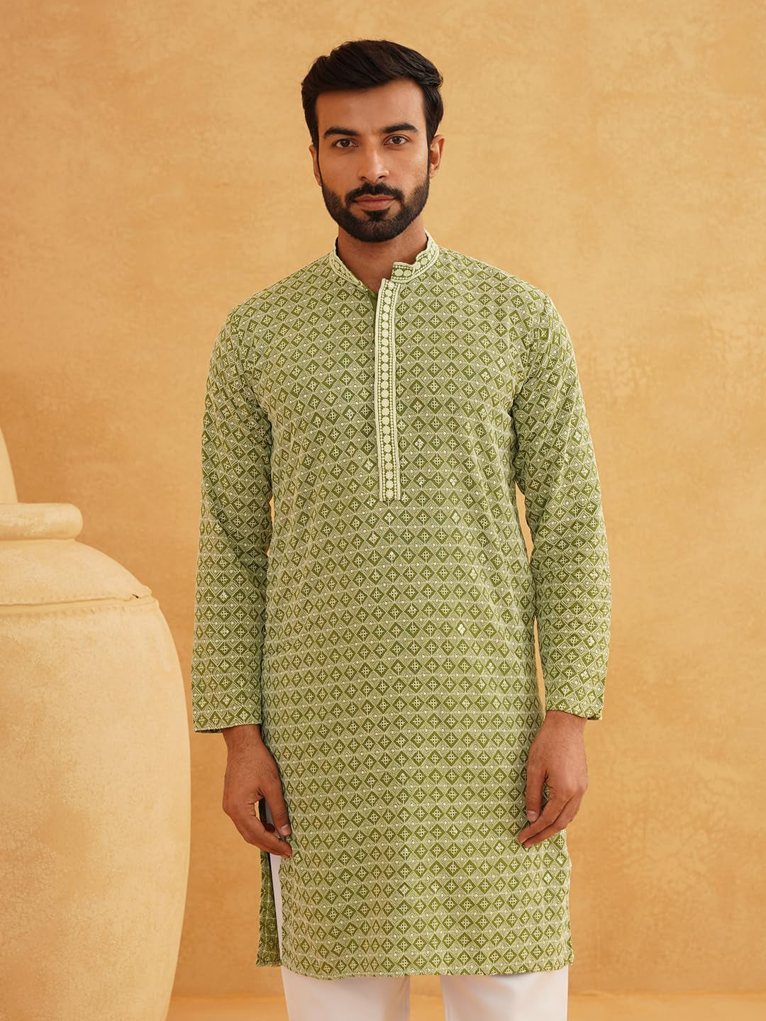 Men'S Cotton Contrast Embroidered Sequinned Long Kurta
