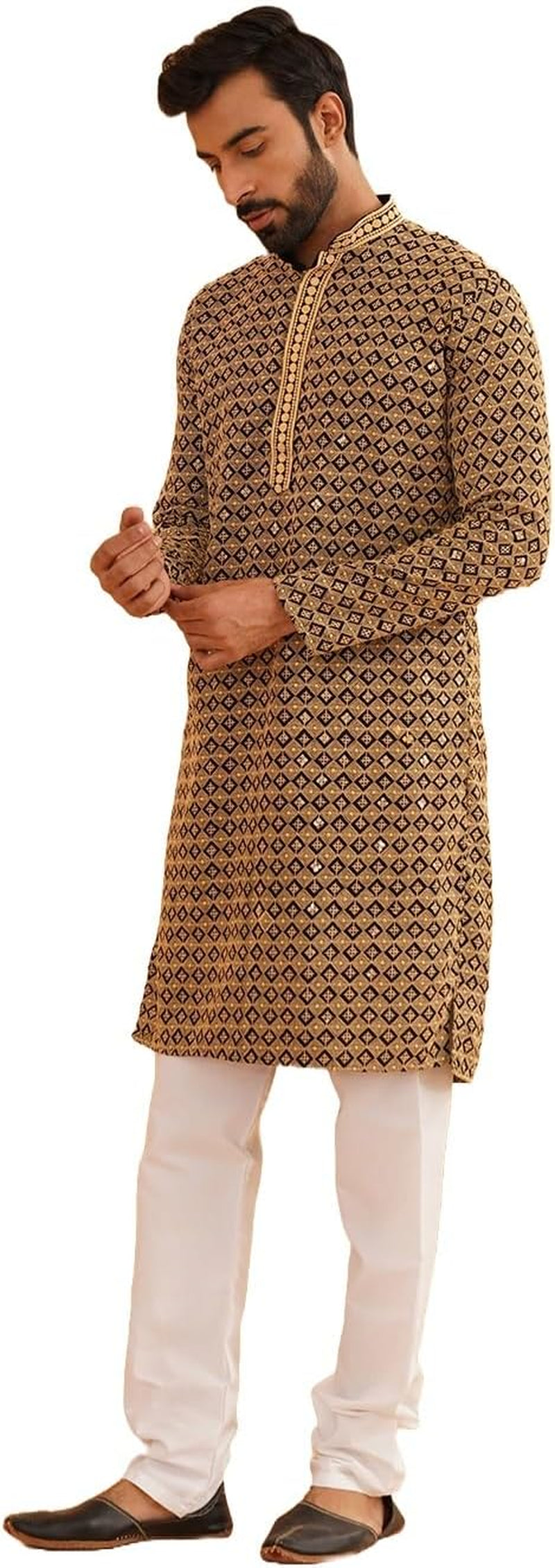Men'S Cotton Gold Embroidered Sequinned Kurta with White Churidar Pyjama