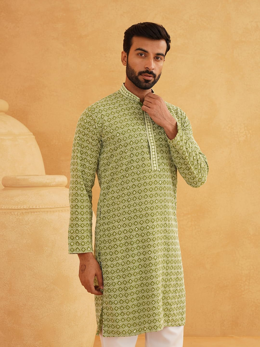 Men'S Cotton Contrast Embroidered Sequinned Long Kurta