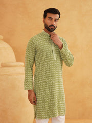 Men'S Cotton Contrast Embroidered Sequinned Long Kurta