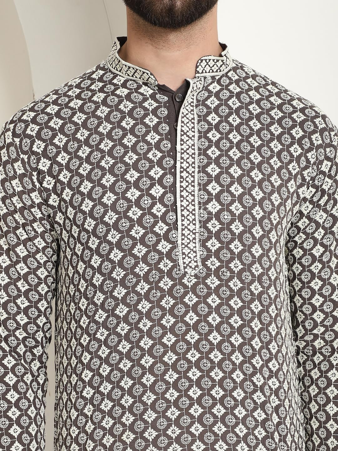 Men'S Cotton Gold Embroidered Sequinned Kurta with White Churidar Pyjama