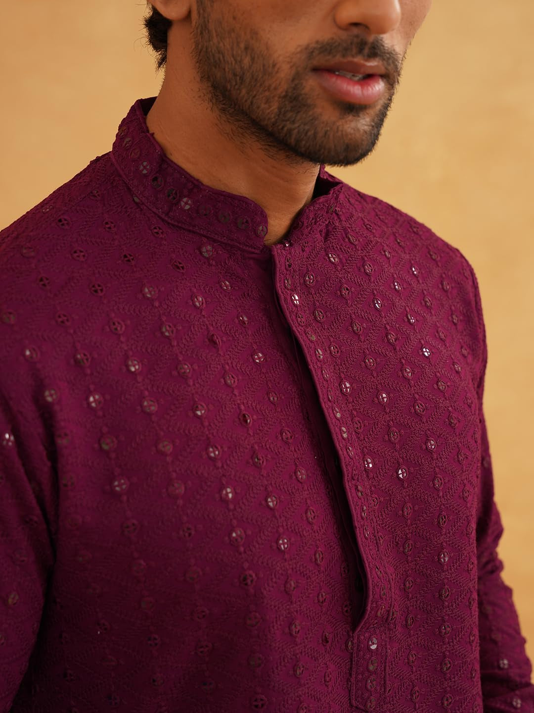 Men'S Pure Cotton Mustard Embroidered Sequined Kurta and White Pyjama Set