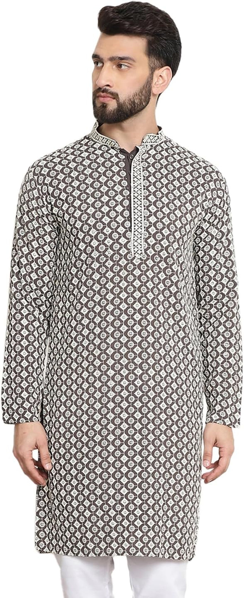 Men'S Cotton Contrast Embroidered Sequinned Long Kurta