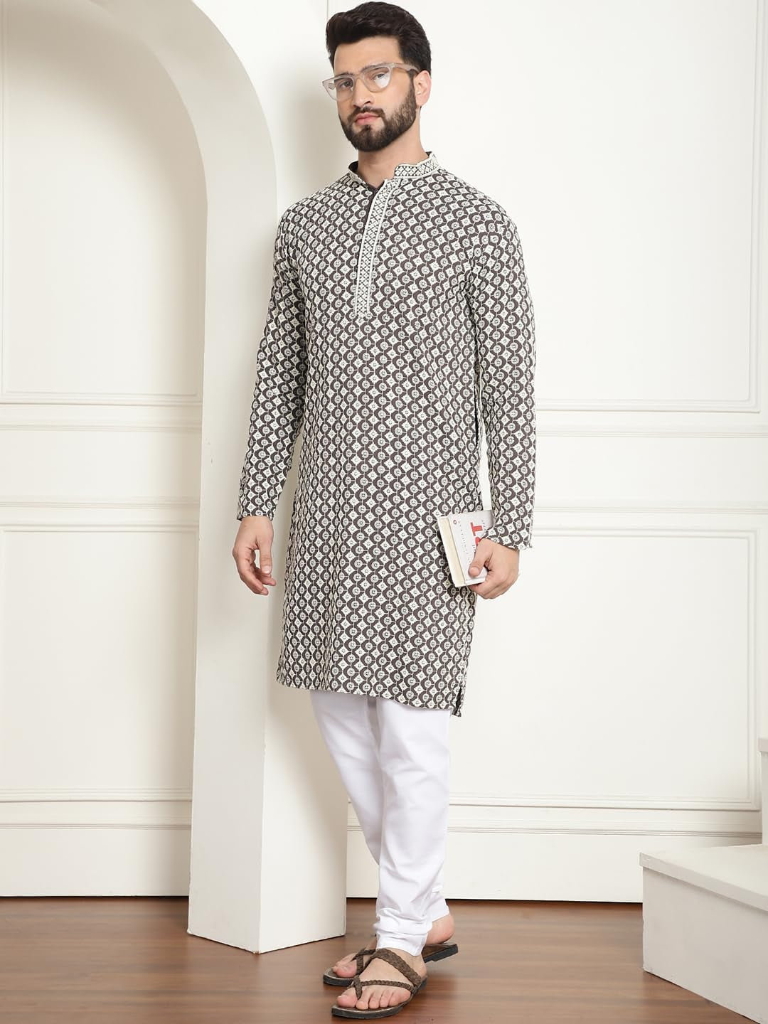 Men'S Cotton Gold Embroidered Sequinned Kurta with White Churidar Pyjama