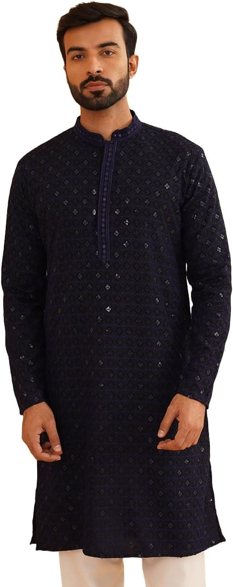 Men'S Cotton Contrast Embroidered Sequinned Long Kurta