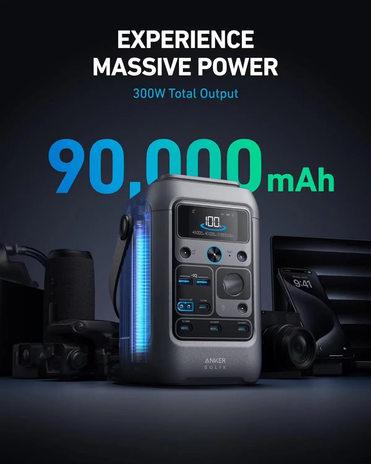 C300 DC Power Bank Station, Outdoor 288Wh (90,000Mah), Portable Power Station, Lifepo4 Battery, 300W Solar Generator