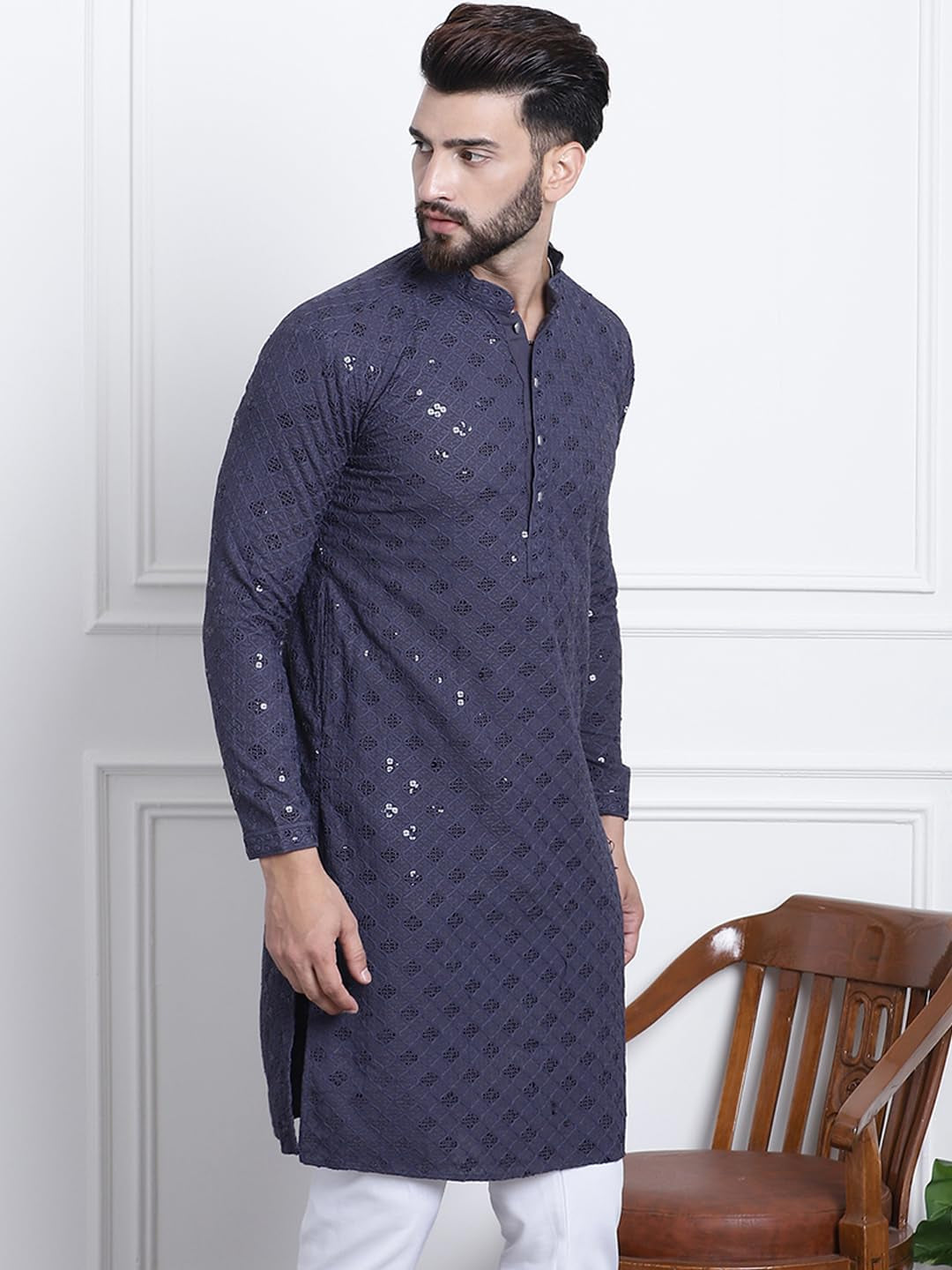 Men'S Pure Cotton Sequence Only Long Kurta