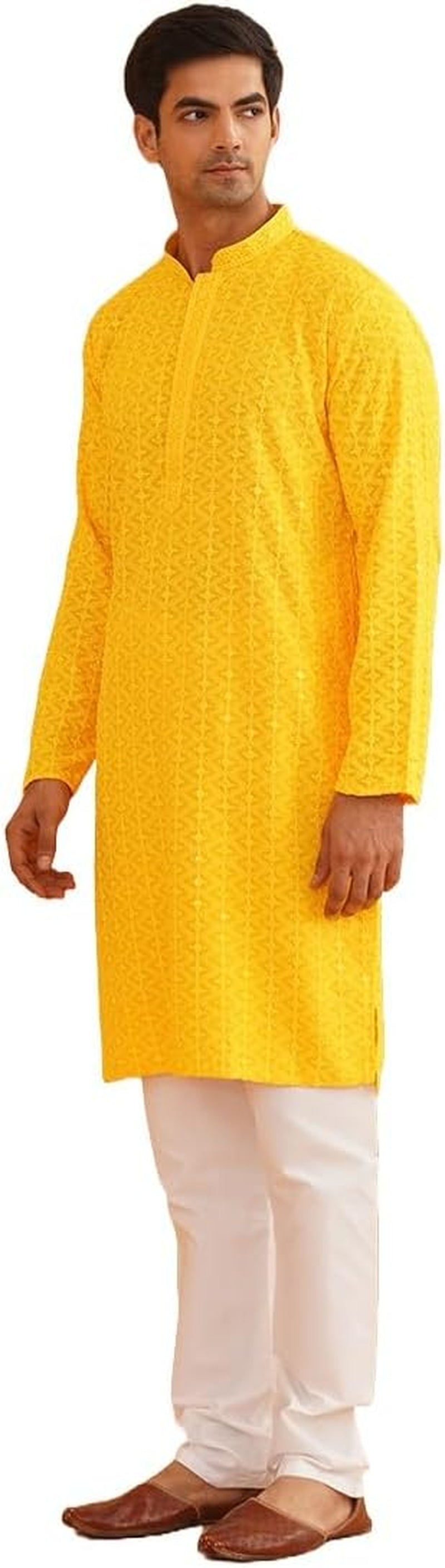 Men'S Pure Cotton Mustard Embroidered Sequined Kurta and White Pyjama Set