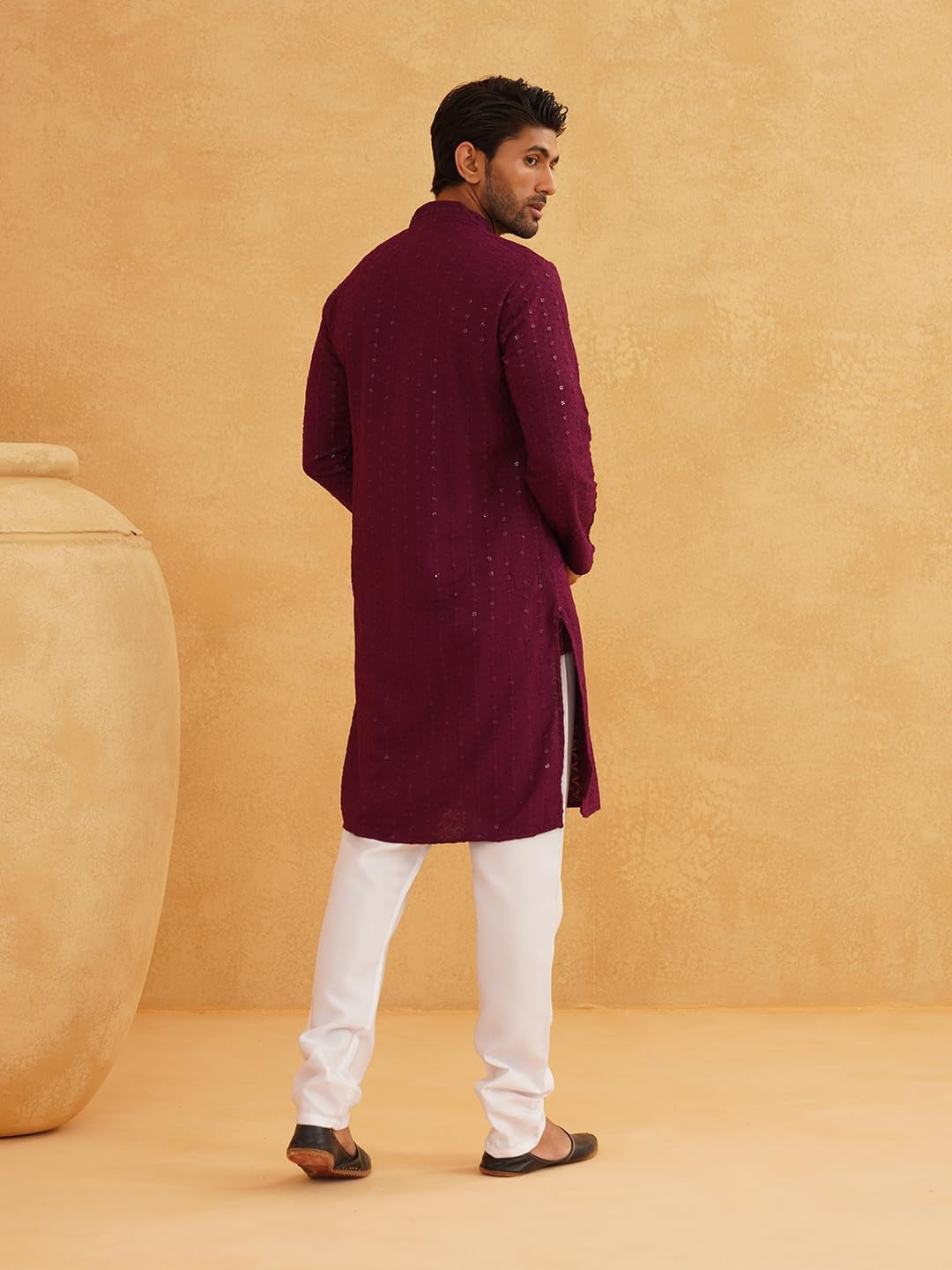 Men'S Pure Cotton Mustard Embroidered Sequined Kurta and White Pyjama Set